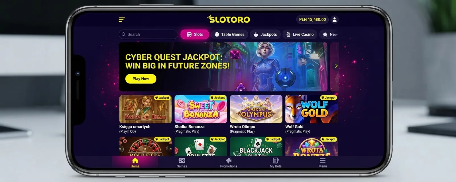 Zrzut ekranu z kasyna Slotoro pokazujący filtr gier z podświetlonymi kategoriami Slots i wykluczonymi Jackpotami